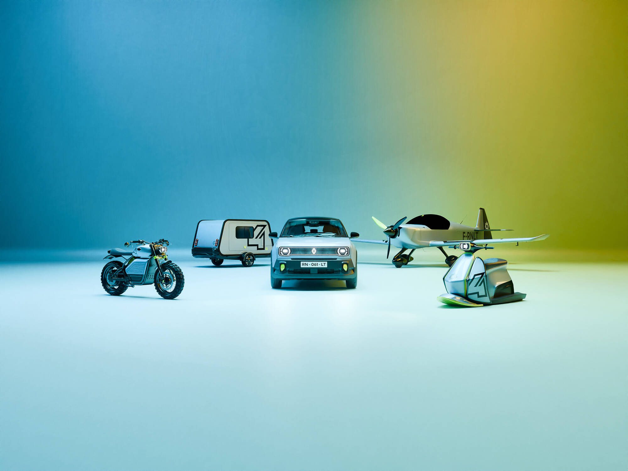 New Renault 4 e-tech flanked by four collaborations unveiled at the same time.